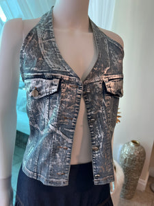 Foiled Halter Denim Top
