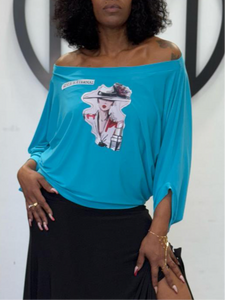 Woman Face Patch Designer Blouse Turquoise
