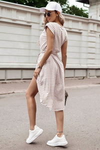 Striped Front Wrap Belted Dress