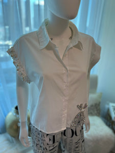 Ribbed Rhinestone Pearl Detail Top
