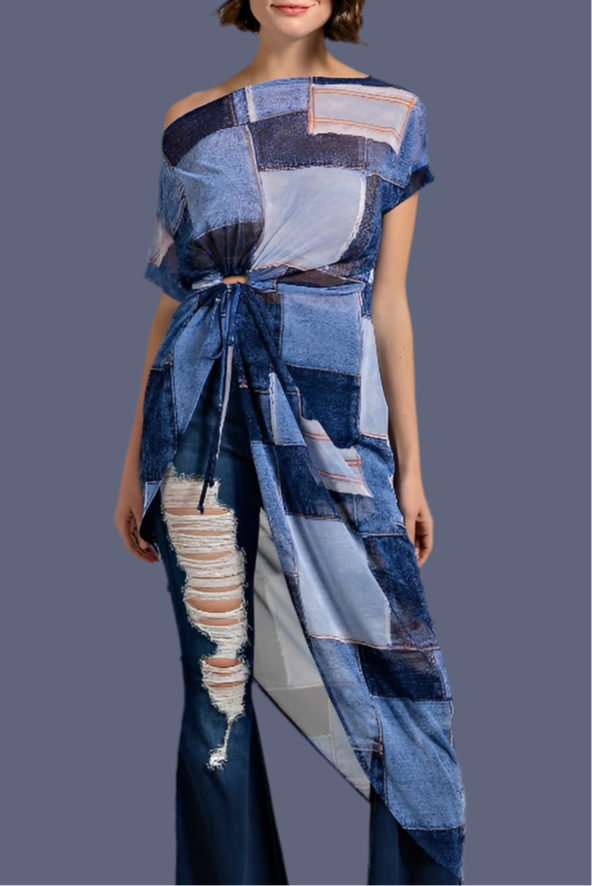 Mesh Denim Print Tunic