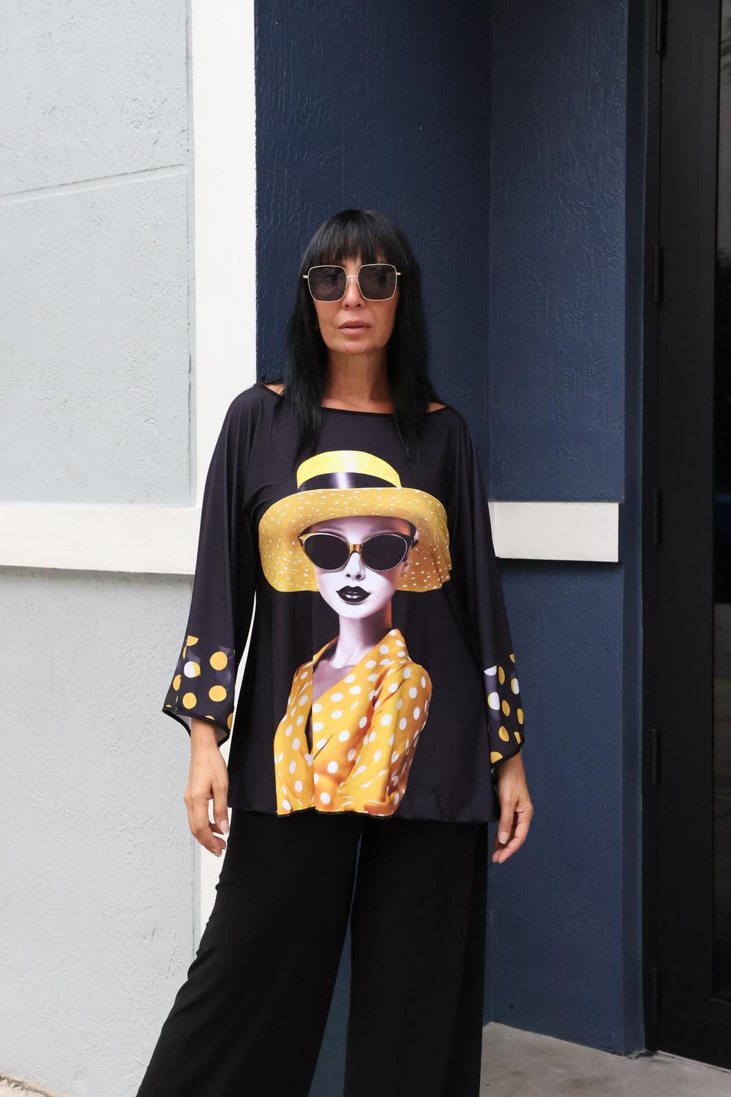Woman Face Designer Blouse Black & Yellow