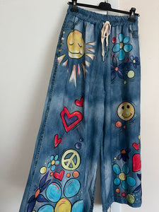 Casual Denim Print Graphic Wide Leg Pants