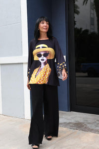 Woman Face Designer Blouse Black & Yellow