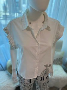 Ribbed Rhinestone Pearl Detail Top