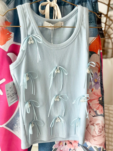 Satin Bow Sleeveless Light Blue Tank Top