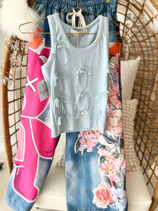 Satin Bow Sleeveless Light Blue Tank Top