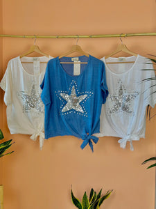 Rhinestone Star Linen Blouse