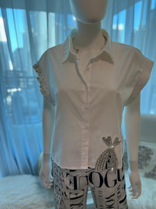 Ribbed Rhinestone Pearl Detail Top