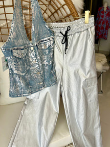 Foiled Halter Denim Top