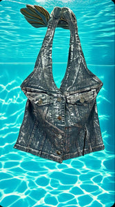 Foiled Halter Denim Top