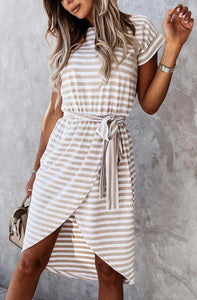 Striped Front Wrap Belted Dress